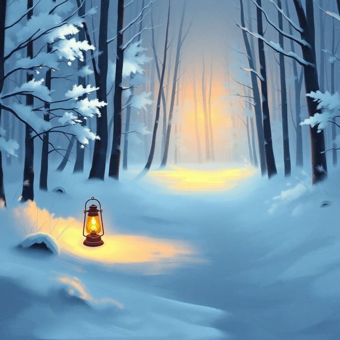 A serene snowy forest at sunset, with a solitary lantern casting a warm glow on the path.