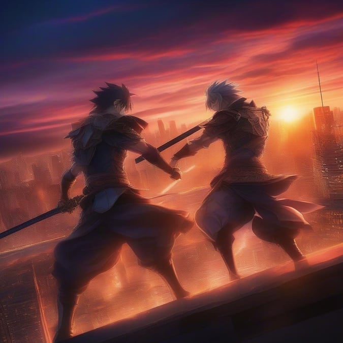 This dramatic anime wallpaper features two formidable warriors locked in a fierce battle on a rooftop amidst a bustling city. The characters are armed with powerful weapons, their poses embodying strength and determination. The backdrop of the skyline at sunset adds to the intensity of the scene, casting long shadows and highlighting the dynamic action. Perfect for any desktop or mobile device for fans of fantasy adventure.