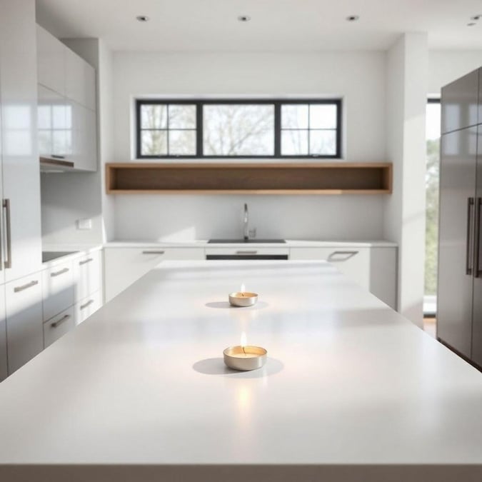 This minimalist kitchen features a clean, sleek island in the center. The polished countertop is complemented by three candles with tea lights casting a warm glow. The space is well-lit and inviting.