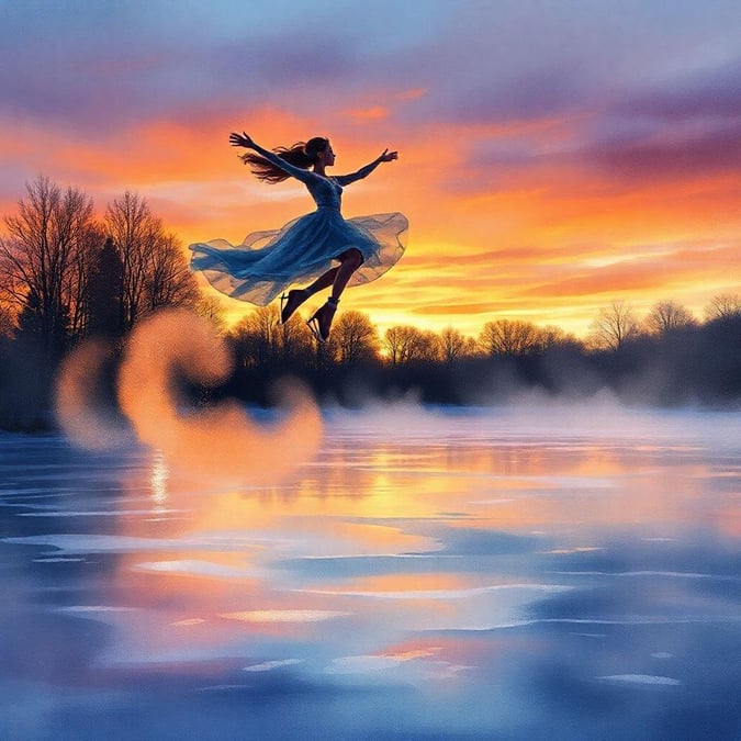 A woman in a blue dress jumps on a frozen lake at sunset, capturing the beauty and freedom of the moment.