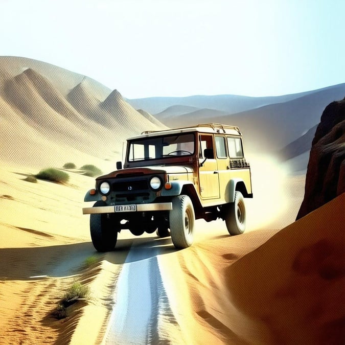 Explore the great outdoors with a classic off-road vehicle, blazing trails through the desert landscape.