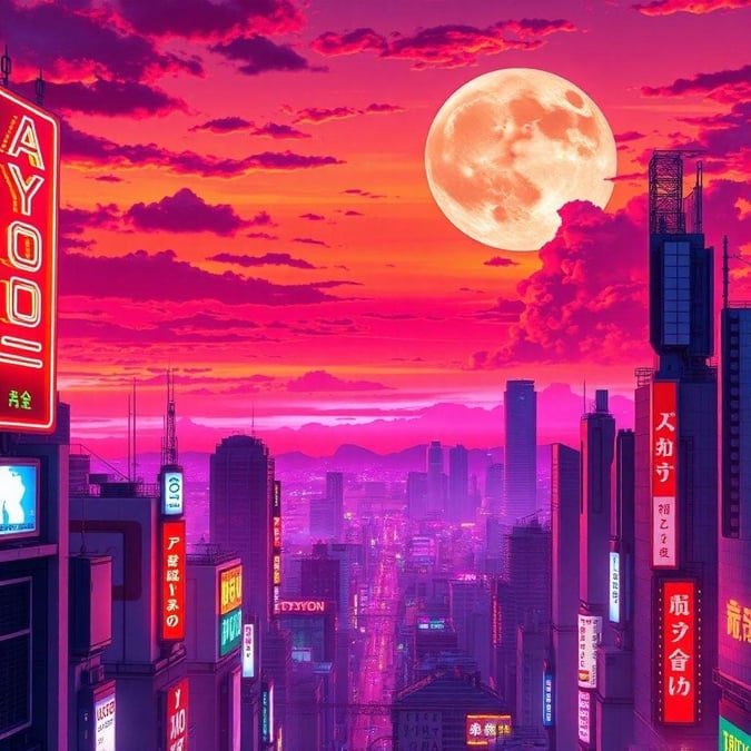 Denna bakgrund bild fångar en hisnande solnedgång i Tokyo, med en livlig, färgglad himmel och neonskyltar i förgrunden. I fjärran skapar en pulserande storstad med höga byggnader och en stor måne en anime-liknande atmosfär, perfekt för användning på skrivbord och mobil.