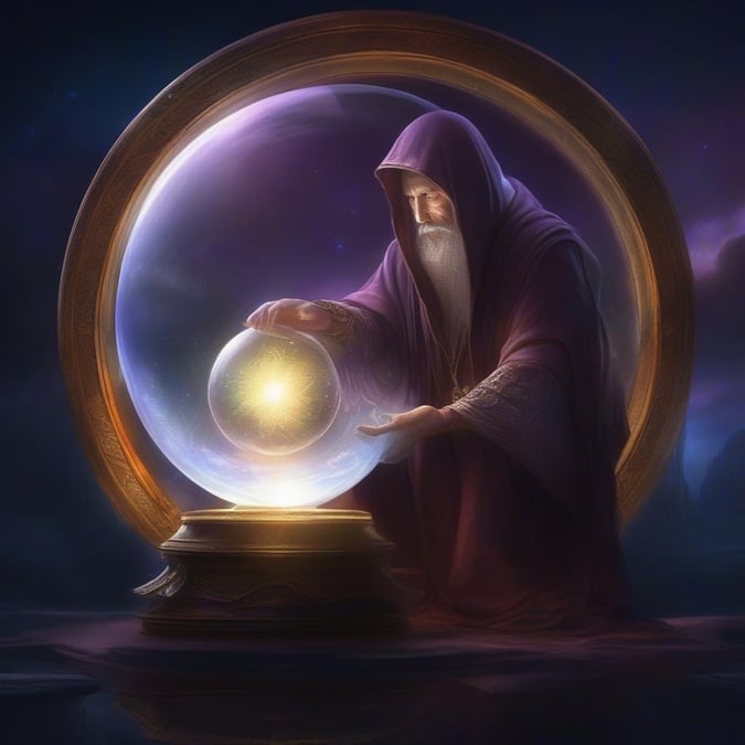 The sagacious sorcerer, an ancient mystic in the realm of magic and prophecy, gazes into the crystal orb to divine hidden knowledge.