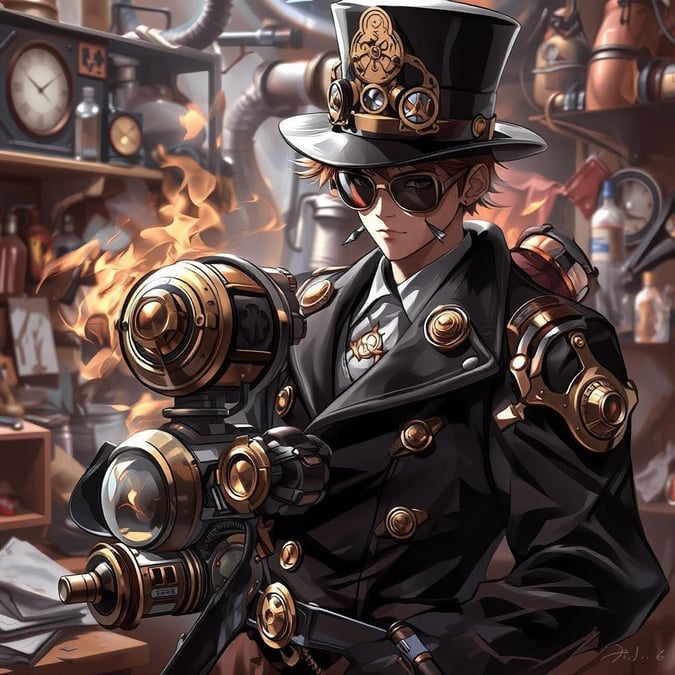 A detailed digital illustration of an inventor standing in his cluttered workshop. The inventor is adorned in a black and gold outfit with a contraption, showcasing the intricate details of the machine against a blurred background, highlighting its steam-powered design.