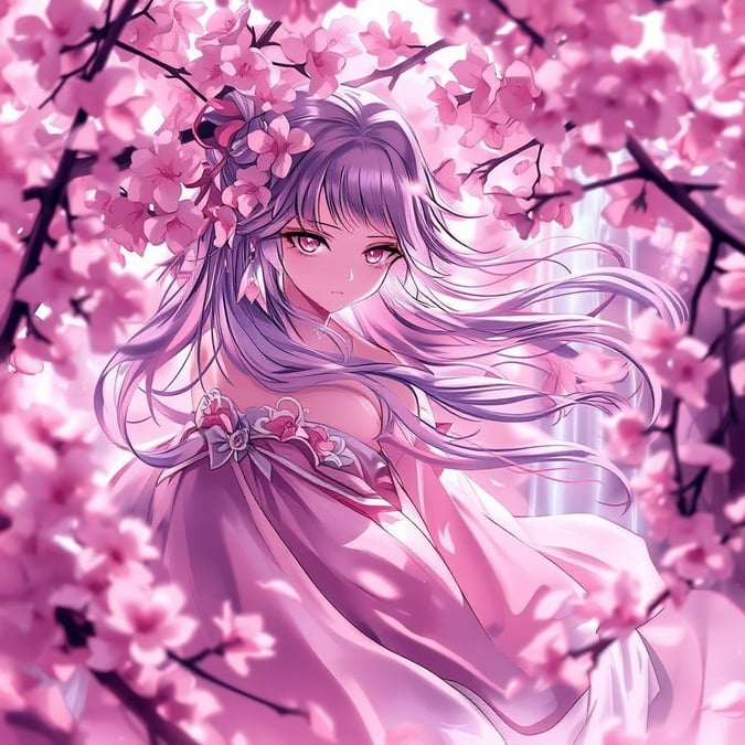 This anime wallpaper features a serene and beautiful scene of a girl floating among cherry blossom trees, with her hair flowing like a waterfall. The soft pink and white hues create a tranquil atmosphere, perfect for desktop and mobile use.