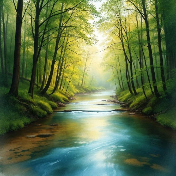 A tranquil forest scene with a meandering river at its heart, invoking a sense of peaceful solitude.