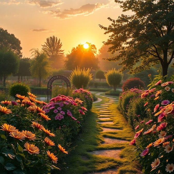 Casual evening walk along a path in a blooming garden, with the warm glow of setting sun highlighting the beauty of nature.