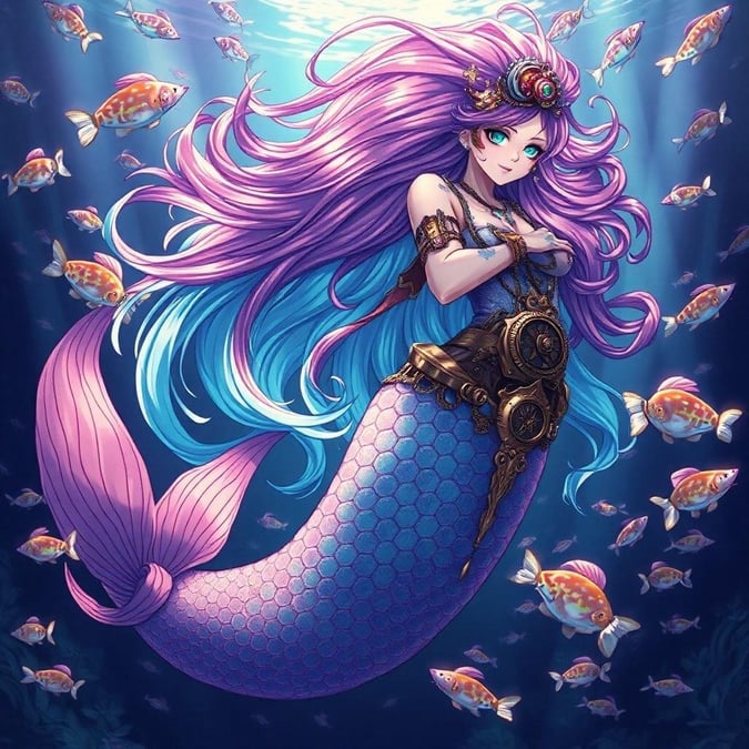 Immerse yourself in the enchanting world of anime with this captivating steampunk-inspired mermaid illustration. Her flowing hair and shimmering fish companions create a mesmerizing underwater scene, perfect for desktop and mobile wallpapers.