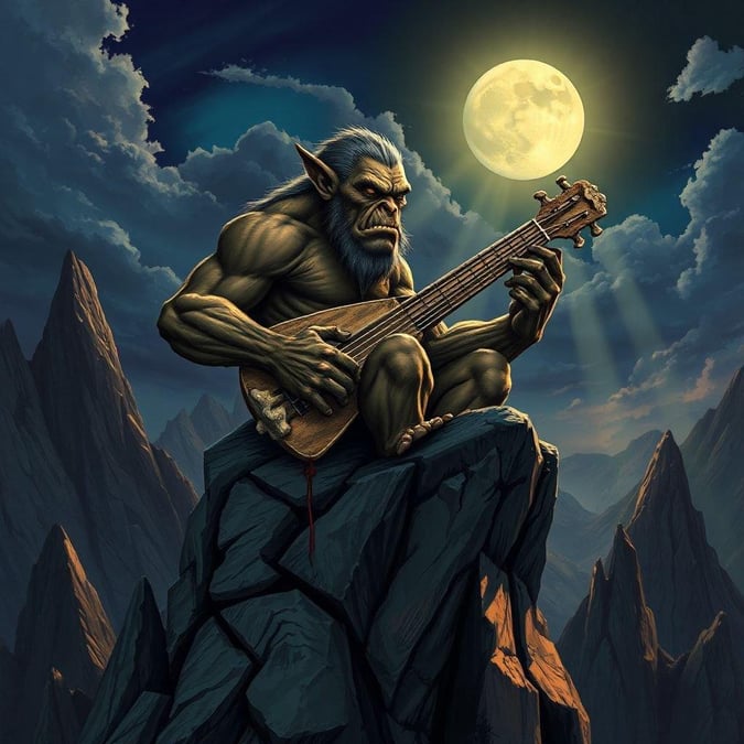 A fantastical scene captures an intimate moment with a bearded, guitar-playing gnome. As the full moon rises above the mountain peaks, our gnome strums his lute, embodying the tranquil beauty of fantasy worlds.