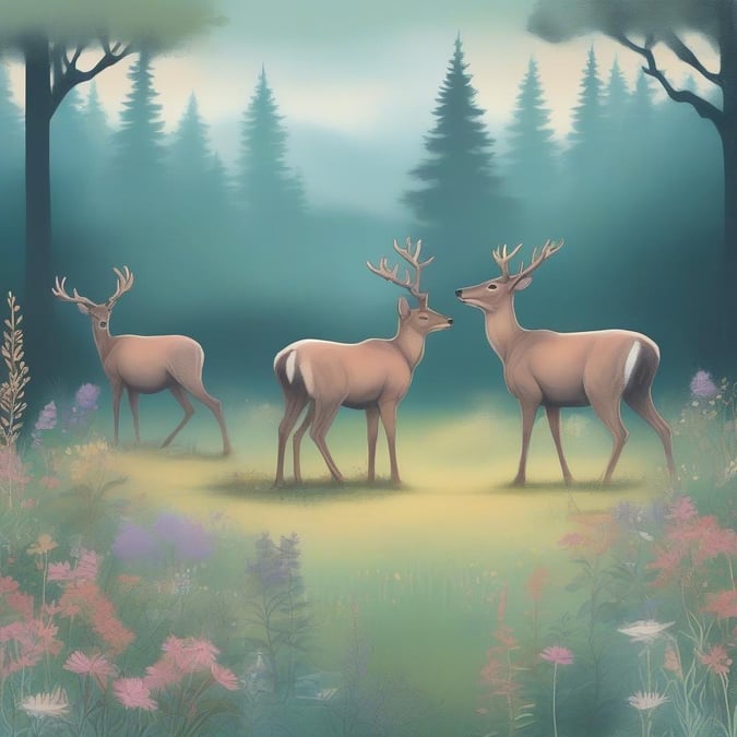 A tranquil scene in a misty forest where three deer are gathered, possibly discussing the day or simply enjoying each other's company.