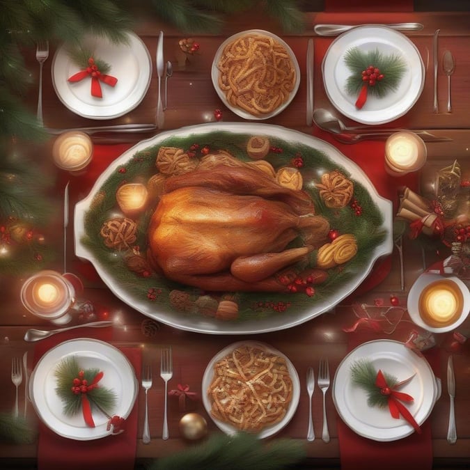 A festive Christmas dinner scene with a roasted turkey, stuffing, cranberry sauce, and pumpkin pie surrounded by holiday decorations.