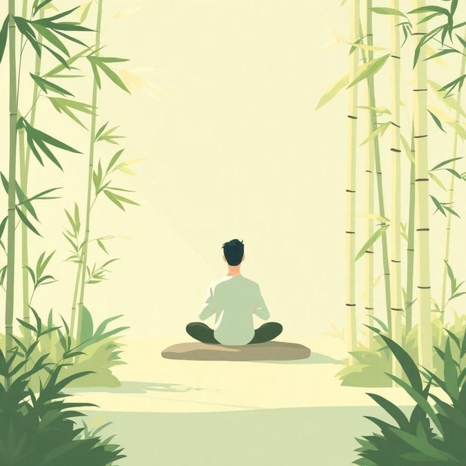 Experience tranquility amidst nature with this serene bamboo forest backdrop. A man meditates, embodying the essence of mindfulness and simplicity.