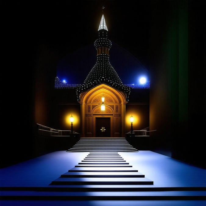 A serene scene with the majestic synagogue lit up against the night sky, celebrating Hanukkah with a twinkle of lights on its rooftop.