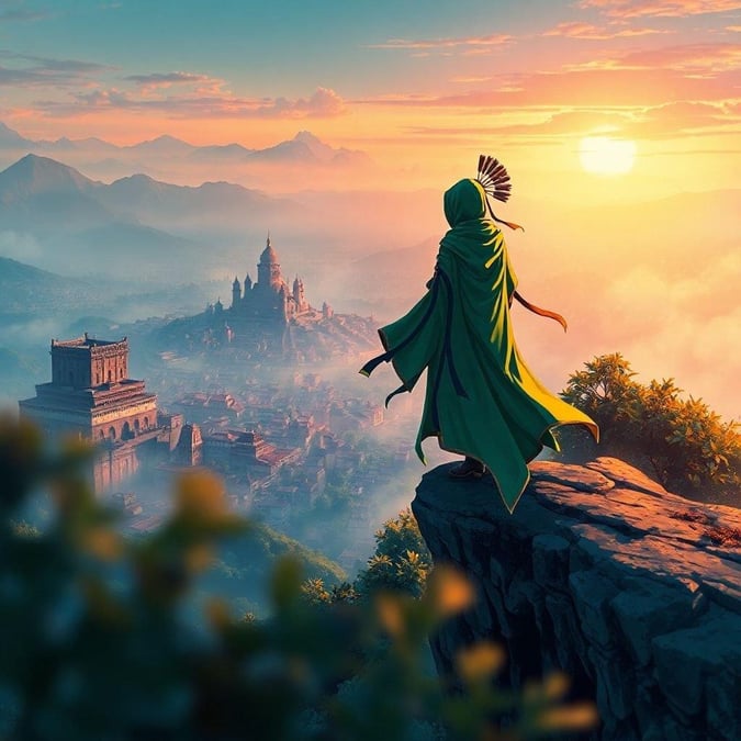 A serene and mysterious scene of a young ninja perched on a cliff, overlooking an ancient city, with a kaleidoscope of greens and yellows, a large headdress, and a hooded cloak, set against a misty background, creating an anime-like atmosphere.