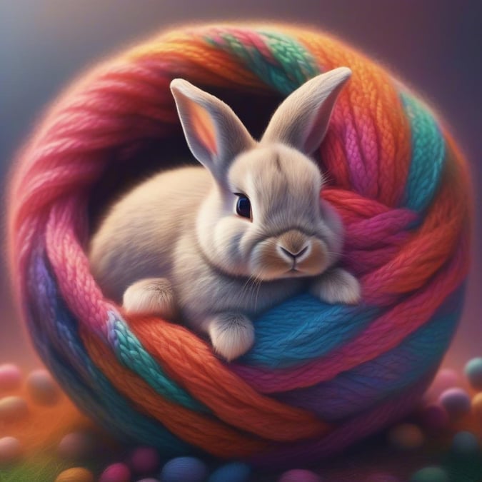 This vibrant wallpaper features a playful Easter bunny nestled in a colorful ball of yarn, perfect for adding a touch of whimsy to your desktop or mobile device.