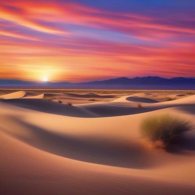 Feel the tranquility of the desert at sunset. The warm hues of orange and pink blend into a stunning sky, contrasting with the soft glow of the setting sun. This serene view captures the beauty and vastness of nature.