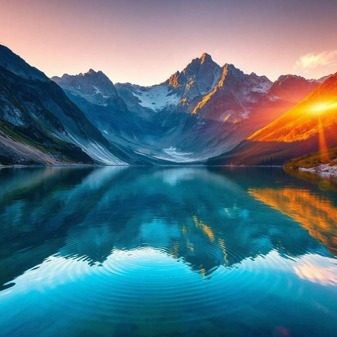 This breathtaking image captures the serene beauty of a mountain lake at sunset, with the warm hues of the sky reflecting off the calm waters.