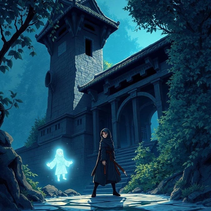 Immergiti nel sereno mondo dell'anime con questo affascinante sfondo che presenta un ninja solitario, un antico castello e un misterioso ninja luminoso. Le tonalità blu e verdi creano un'atmosfera tranquilla, concentrandosi sull'espressione enigmatica del ninja.