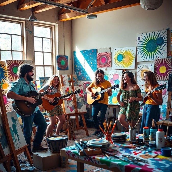 A lively scene inside an art studio where musicians are jamming, surrounded by vibrant artwork.