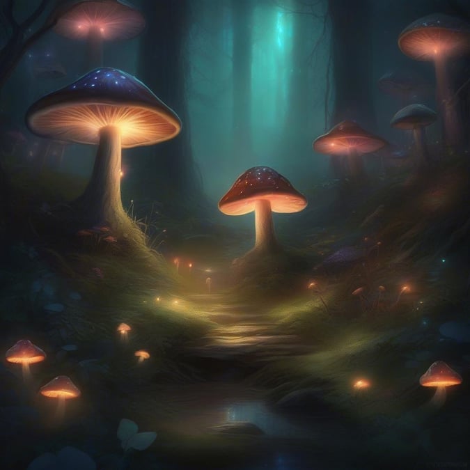 Immerse yourself in the enchanting world of fantasy with this captivating wallpaper featuring a forest of glowing mushrooms. The vibrant colors and intricate details bring this mystical scene to life, perfect for fans of fantasy and sci-fi.