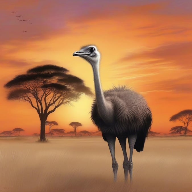 A majestic ostrich stands alone in the serene expanse of the desert at sunset, casting a warm glow on the surrounding landscape.