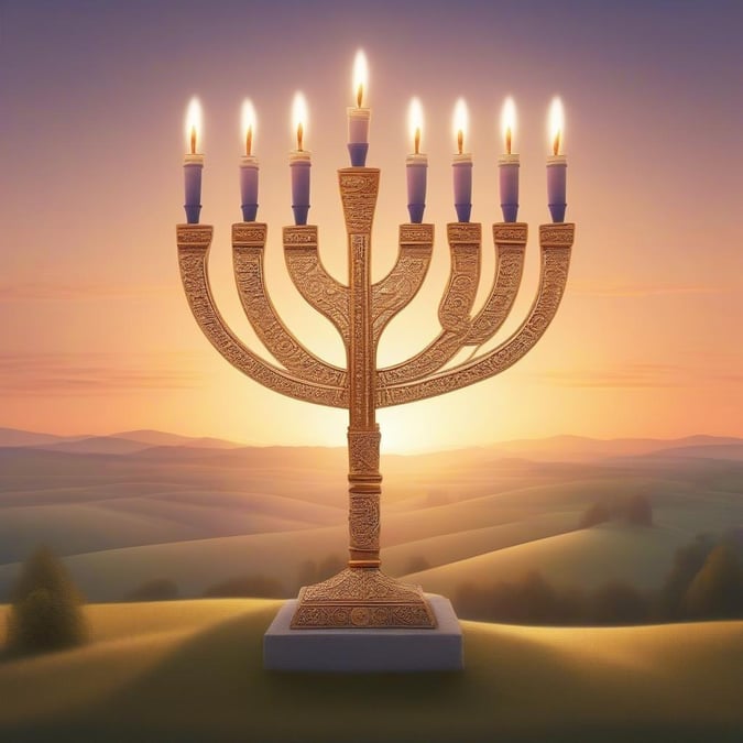 Fejr Lysenes Festival med denne smukke Hanukkah-baggrund. Billedet viser en menorah med tændte lys, der symboliserer miraklet med olien, der brændte i otte dage i det genindviede tempel i Jerusalem. Baggrunden er et fredeligt landskab, der vækker følelser af fred og glæde.