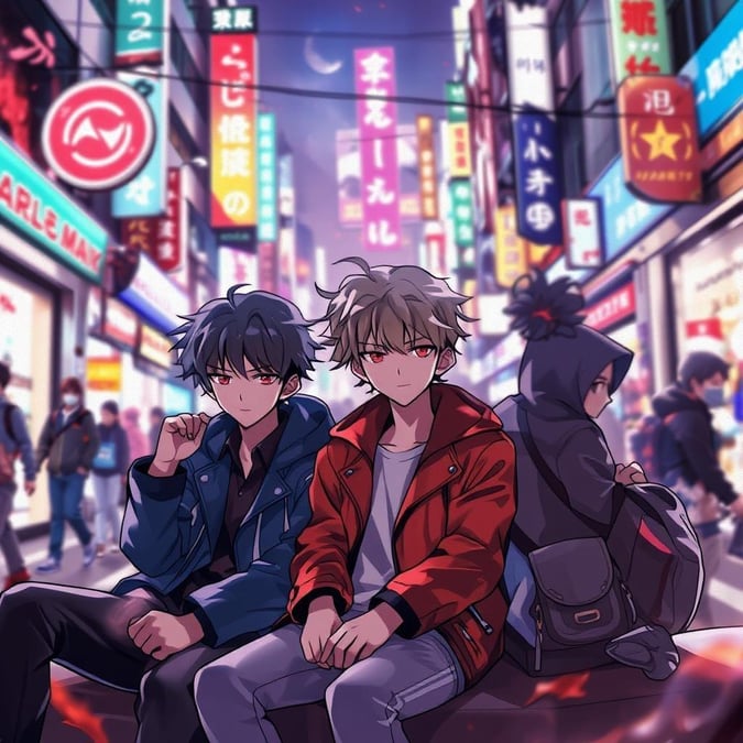 Dieses Anime-Stil-Wallpaper fängt die lebendige Energie einer geschäftigen Stadtstraße ein, mit einer Gruppe von vier Personen im Vordergrund. Die Neonlichter schaffen eine lebhafte Atmosphäre, während der verschwommene Hintergrund Tiefe und visuelles Interesse hinzufügt.