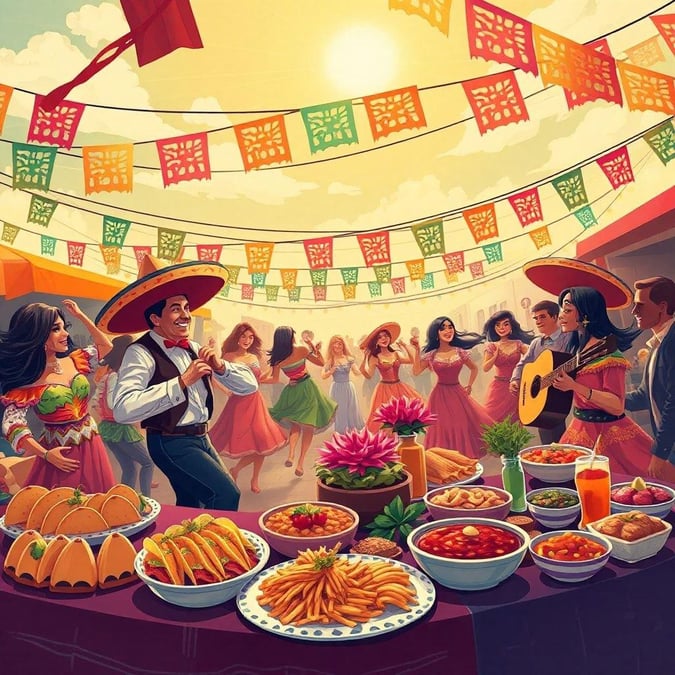 Embrace the vibrant spirit of Mexico with a lively fiesta scene. A crowd is gathered, dancing to traditional music under a sunny sky adorned by colorful Mexican flags.