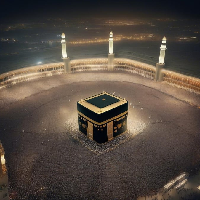 A breathtaking view of the Kaaba, the holiest site in Islam, surrounded by a vast crowd of people during the Hajj pilgrimage.