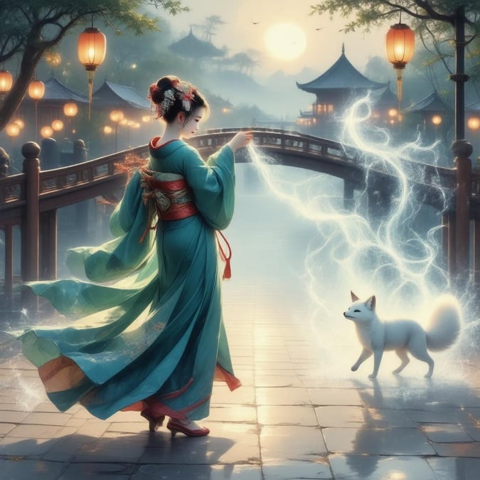 Un'illustrazione anime affascinante di una geisha che danza con una volpe spettrale sotto un ponte illuminato da lanterne, mescolando luce e ombra con colori vivaci.