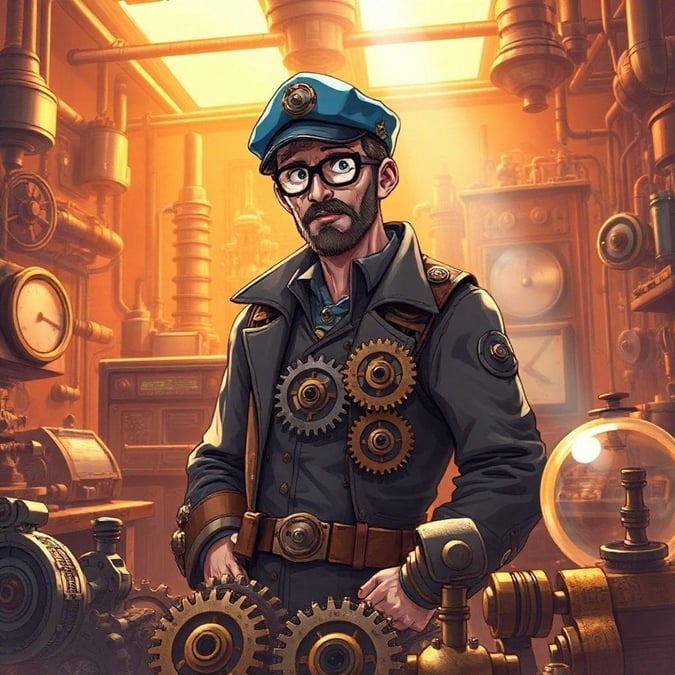 Entra in un mondo di innovazione e creatività con questa straordinaria carta da parati ispirata al steampunk, che presenta un brillante inventore circondato da ingranaggi e macchinari intricati.