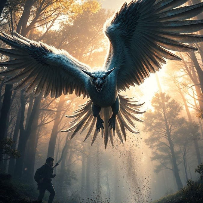 A stunning fantasy creature, a griffin with majestic wings spread wide over a lush forest. This mythical beast embodies the spirit of freedom and power.