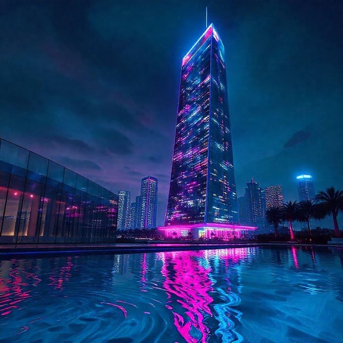 A stylish and vibrant nighttime scene with the city's pink neon lights reflecting in the water.