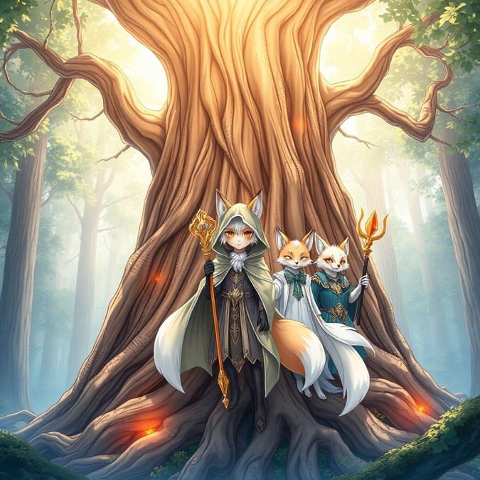 Immerse yourself in the enchanting world of anime with this captivating image of a fox gathering around an ancient tree. The central figure, a fox with a hooded cloak, holds a staff, while the other two are clad in blue and white, holding a staff. The forest background, complete with tall trees and a bright sky, adds to the magical atmosphere.