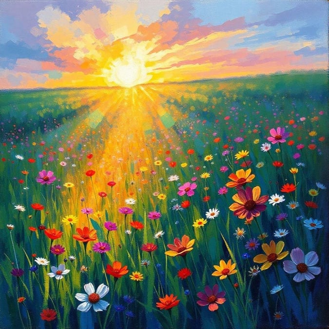 A vibrant field blooming with flowers paints a stunning sunset backdrop.