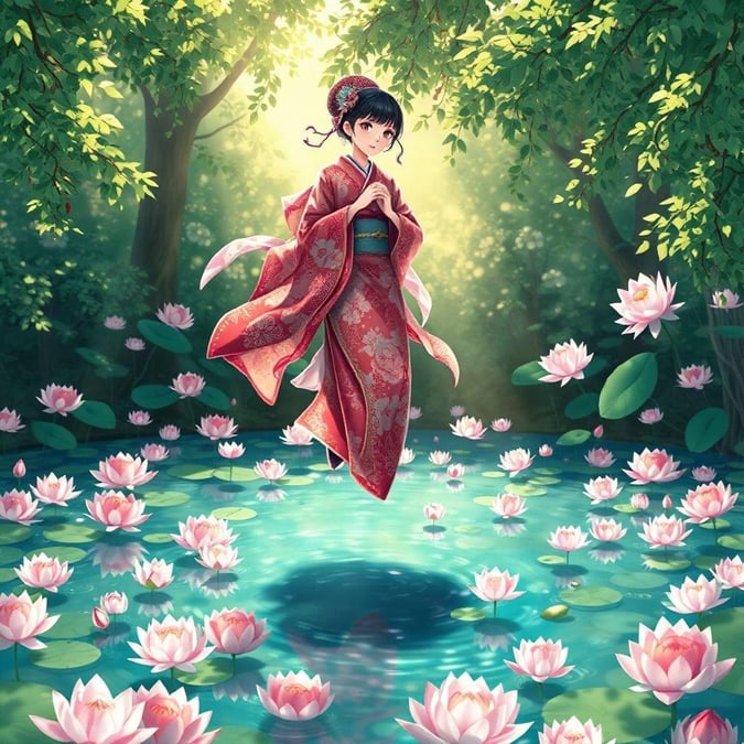 Plongez dans le monde serein de l'anime avec ce fond d'écran captivant mettant en vedette une geisha flottant au-dessus d'un étang tranquille, entourée d'un grand nombre de fleurs de lotus.