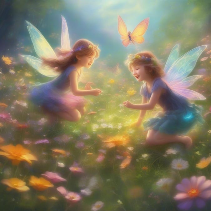 A magical moment shared between two fairy friends in a vibrant flower field, with fluttering butterflies adding to the enchantment.