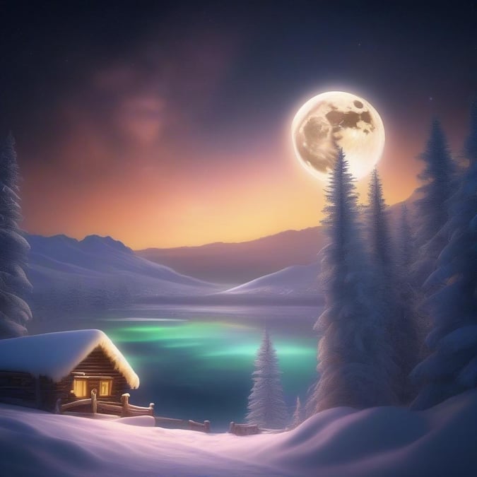 Escape to a serene winter wonderland with this captivating wallpaper. The snow-covered landscape, majestic mountains, and radiant moonlight create a peaceful and festive atmosphere, perfect for the holiday season.