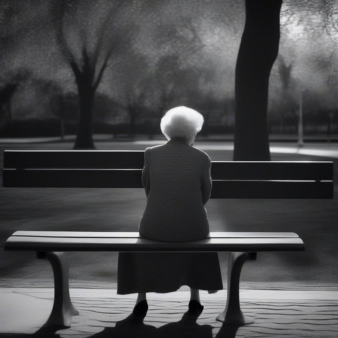 An elderly person taking a quiet moment to rest on a bench, set against the backdrop of a park.