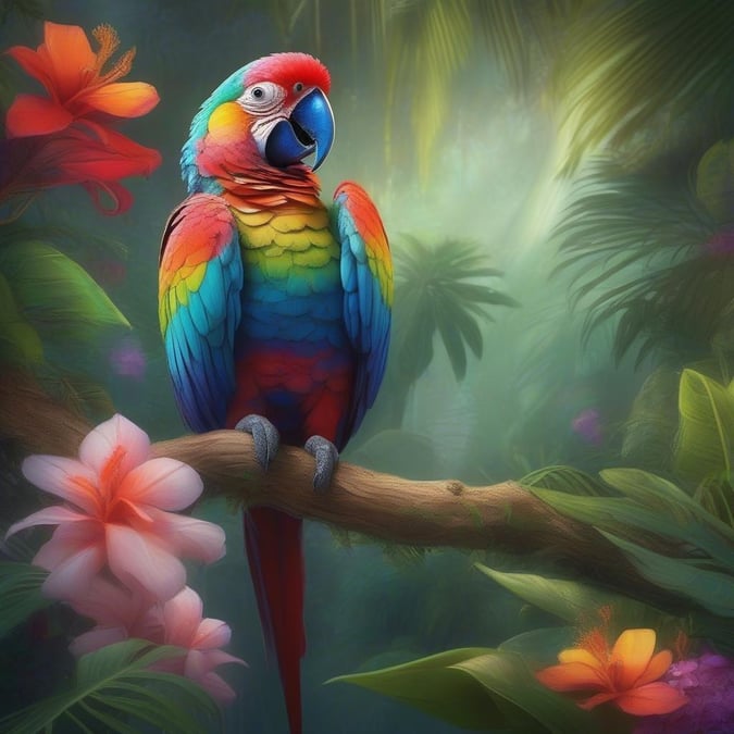 A beautiful illustration of a colorful bird perched on a branch, surrounded by lush greenery and vibrant flowers.