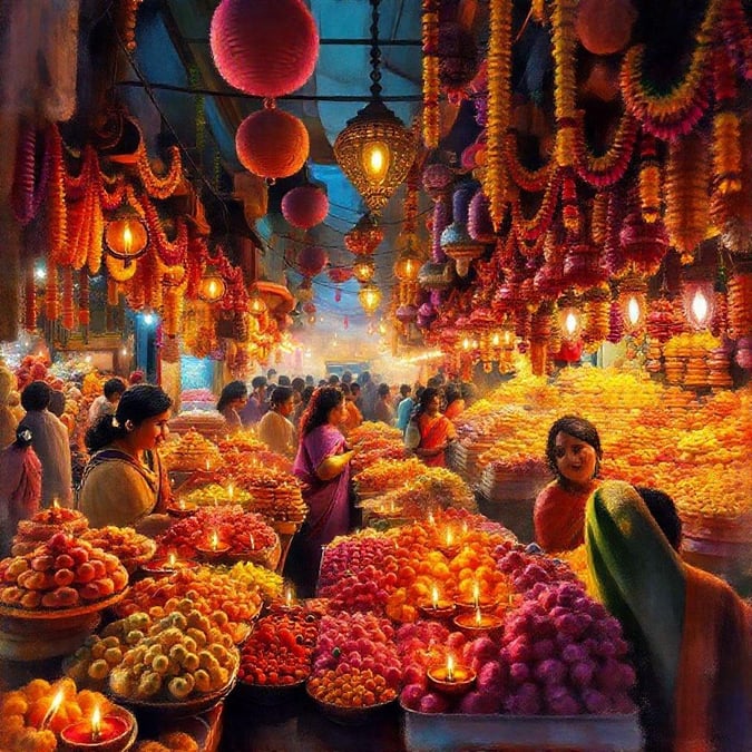 A bustling scene from a traditional Indian market, teeming with vibrant fruits celebrating the Diwali festival.