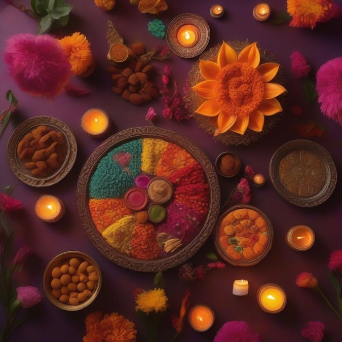 A festive collection of traditional Diwali sweets, spices, and candles. The centerpiece is the rangoli, symbolizing the joyous Indian festival of lights.