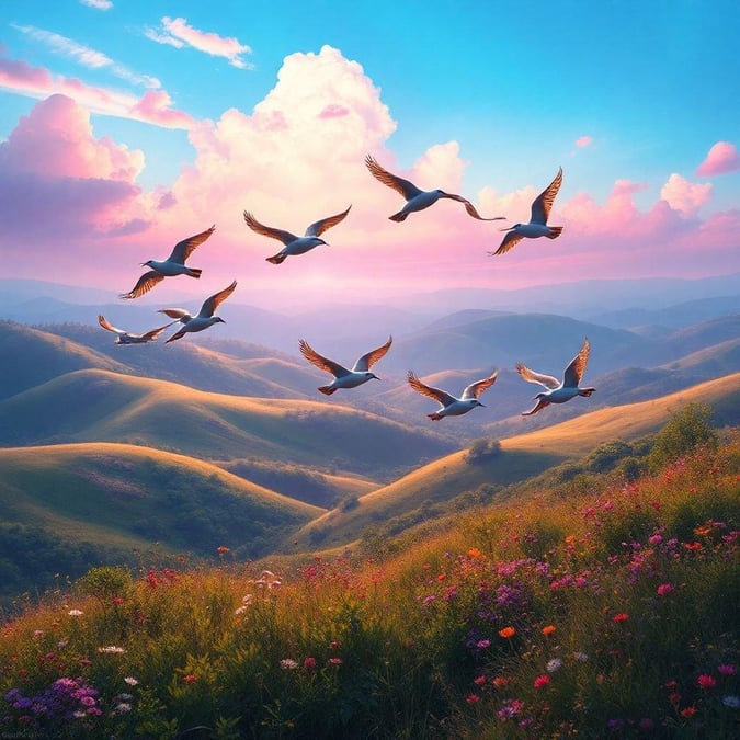 This beautiful wallpaper features a flock of birds flying over a serene landscape, creating a sense of freedom and joy. The image is perfect for anyone who loves nature and wildlife, and it's sure to bring a smile to your face.