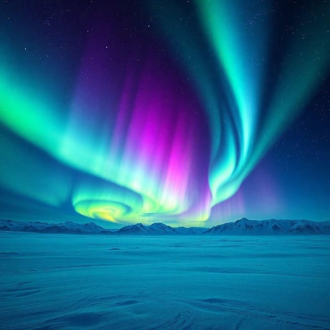 A serene, vivid aurora-filled night sky over the Arctic horizon, evoking a sense of adventure and natural beauty. This wallpaper is perfect for travelers and nature enthusiasts.