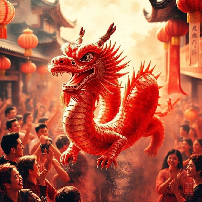 Red dragon soaring over bustling crowd, symbolizing prosperity and good fortune in a vibrant Chinese festival.