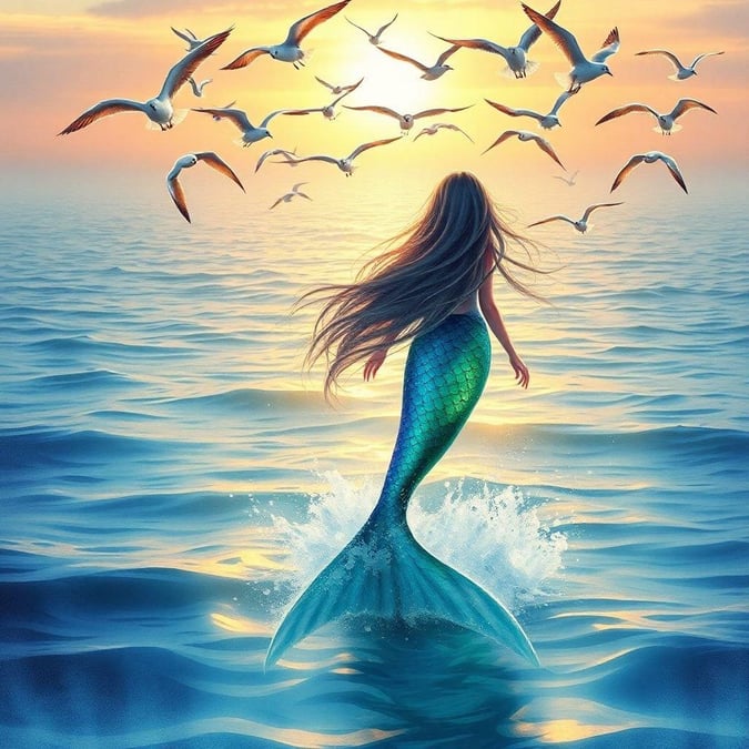 Dive into the magical world of mermaids, where the ocean whispers secrets beneath the setting sun.