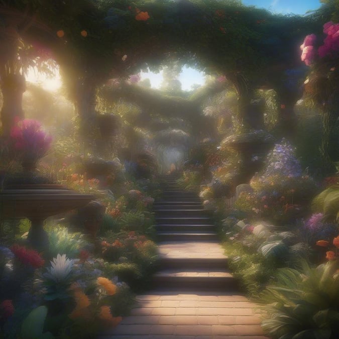 Step into a world of wonder and magic with this enchanting fantasy wallpaper. The stone pathway leads to a lush garden filled with vibrant plants and flowers, surrounded by a majestic stone archway with a towering tree growing through it. Perfect for desktop or mobile use, this image will transport you to a realm of fantasy and adventure.