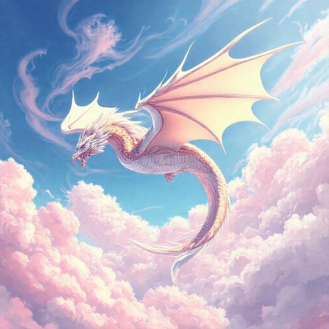 This anime-style illustration features a majestic dragon soaring through the sky, its flowing mane and tail creating a sense of motion. The dragon's white wings stand out against the swirling cloud of pink and purple hues in the background, creating a striking contrast.