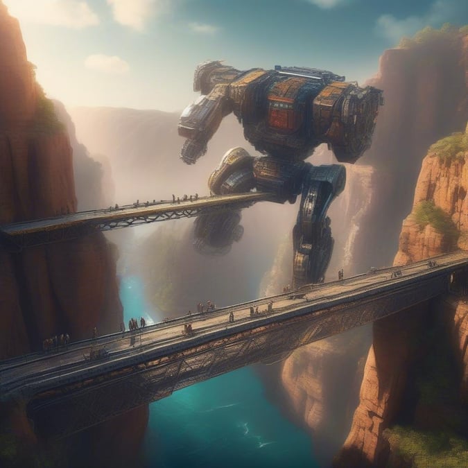 Walk into the future with this visionary fantasy wallpaper. See man and machine coexist on a bridge spanning a breathtaking canyon, where steam-powered locomotives blend seamlessly with the landscape.