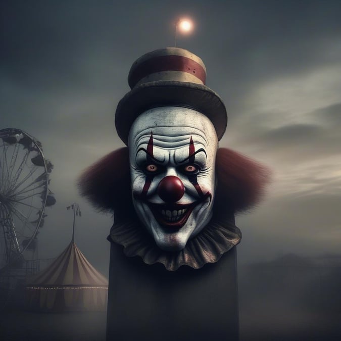 This wallpaper features a creepy clown in a carnival setting, perfect for those who love a spooky atmosphere.